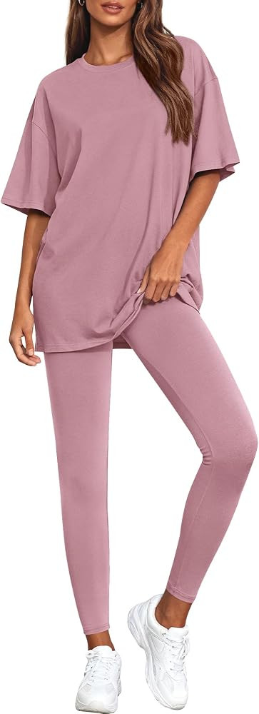 BTFBM Two Piece Lounge Set Women 2026 Spring Casual Oversized Shirts Leggings Matching Workout Ai... | Amazon (US)
