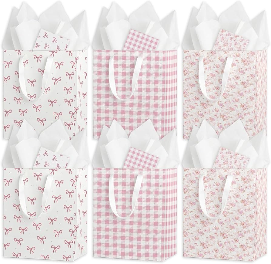 Coquette Charm Pink Bow Gift Bags Set of 6 - Medium Sized 9" Bags with Handles incl. Matching Tis... | Amazon (US)