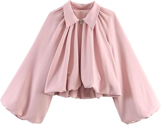 Chevara Women’s Puffed Sleeve Bomber Jacket Trendy Lapel Collar Zip Up Cropped Loose Fit Spring... | Amazon (US)