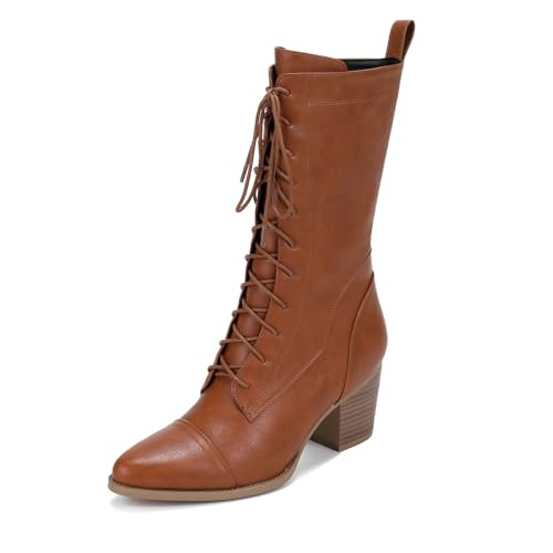 UTIKLIOU Women's Mid Calf Boots Lace up Combat Boots Leather Side Zipper Winter Boots Faux Fur Li... | Amazon (US)