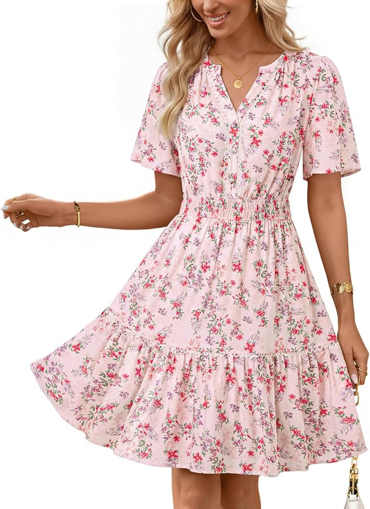 MEROKEETY Women's 2026 Spring Summer Floral Dress V Neck Short Sleeve Button A Line Boho Beach Fl... | Amazon (US)
