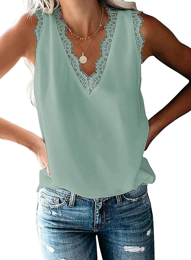 HARHAY 2023 Women's Lace Trim V Neck Tank Tops Lightweight Fashionable Summer Sleeveless Blouses | Amazon (US)