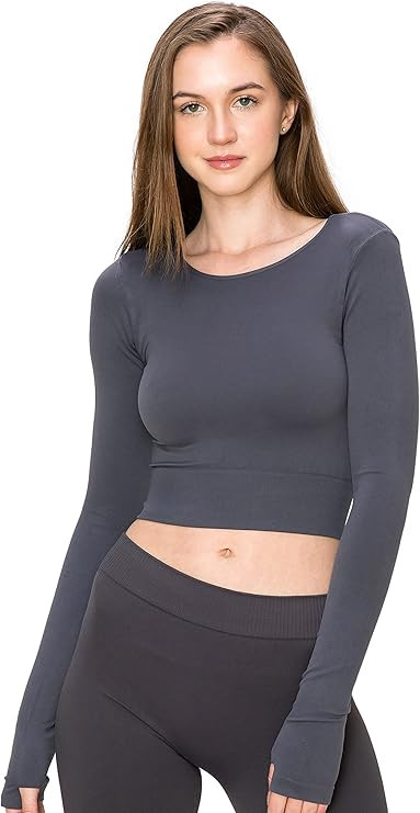 Kurve Women’s Crop T Shirt – Long Sleeve Thumb Holes Crewneck Seamless Cropped Top UV Protect... | Amazon (US)