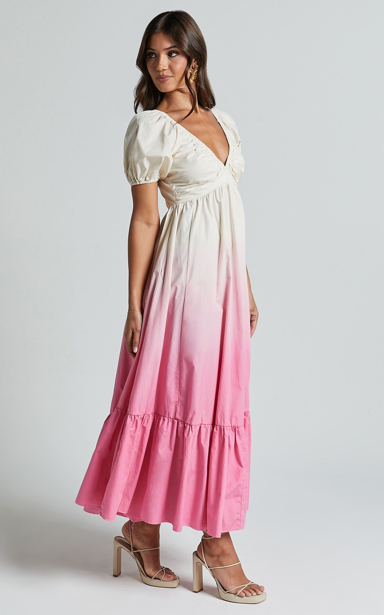 Nathaley Midi Dress - Plunge Neck Puff Sleeve Dress in Pink Ombre | Showpo (US, UK & Europe)