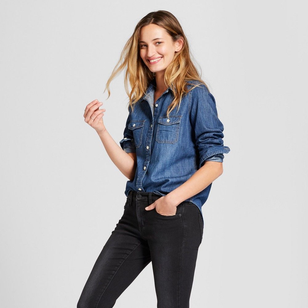 Women's Labette Denim Shirt Long Sleeve Button-Down Shirt - Universal Thread Dark Wash XS, Blue | Target
