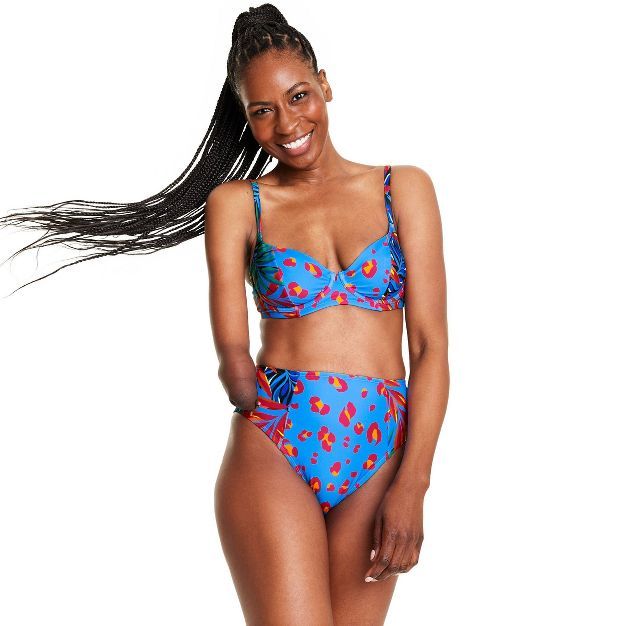 Women's Tropical/Leopard Print High Waist Bikini Bottom - Tabitha Brown for Target Blue/Pink | Target