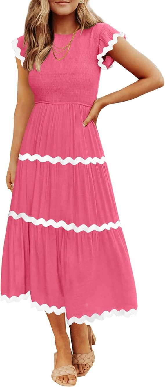 ZESICA Women's Summer Flutter Short Sleeve Smocked Midi Dress Casual High Waist Rickrack Tiered F... | Amazon (US)