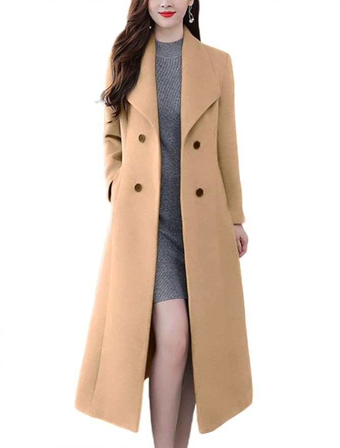 chouyatou Women's Chic Shawl Collar Work Double Breasted Maxi Long Wool Pea Coat | Amazon (US)