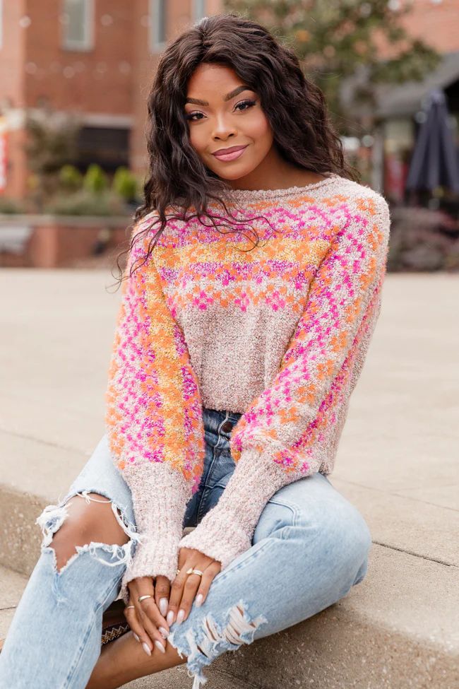 Whenever You Remember Pink Multi Printed Fuzzy Sweater DOORBUSTER | Pink Lily