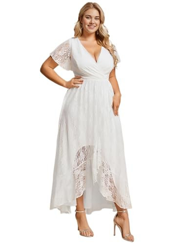 Ever-Pretty Women's V Neck Ruffles Sleeves High Low Lace Plus Size Summer Cocktail Party Wedding Guest Dresses White US24 | Amazon (US)