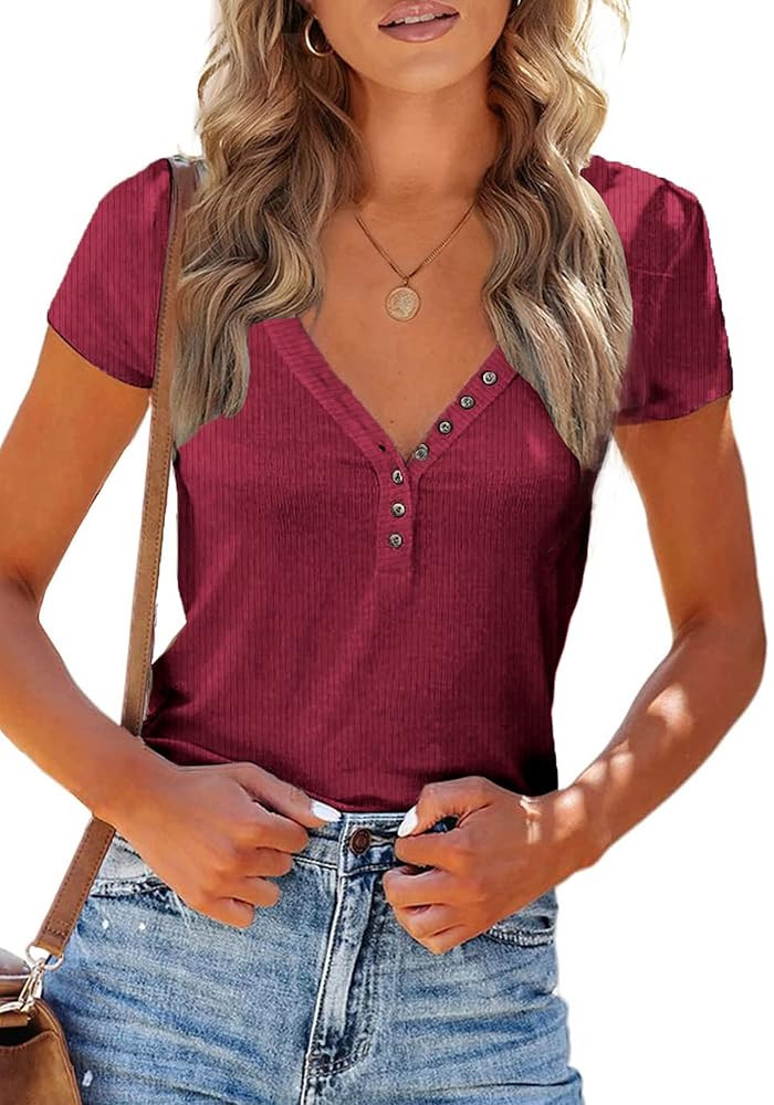 PRETTYGARDEN Women's Summer Casual Henley T-Shirts Short Sleeve V Neck Button Up Ribbed Knit Slim... | Amazon (US)