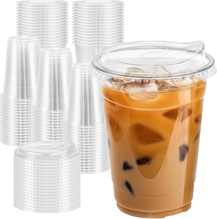16 oz 100 Pack Clear Plastic Cups with Lids, Sturdy Iced Coffee Cups with Sip Lids, Disposable Fo... | Amazon (US)