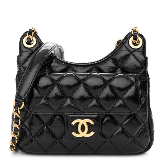 Shiny Crumpled Calfskin Quilted Small Wavy CC Hobo Black | FASHIONPHILE (US)