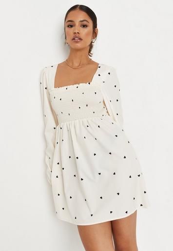 Cream Heart Print Shirred Mini Dress | Missguided (UK & IE)