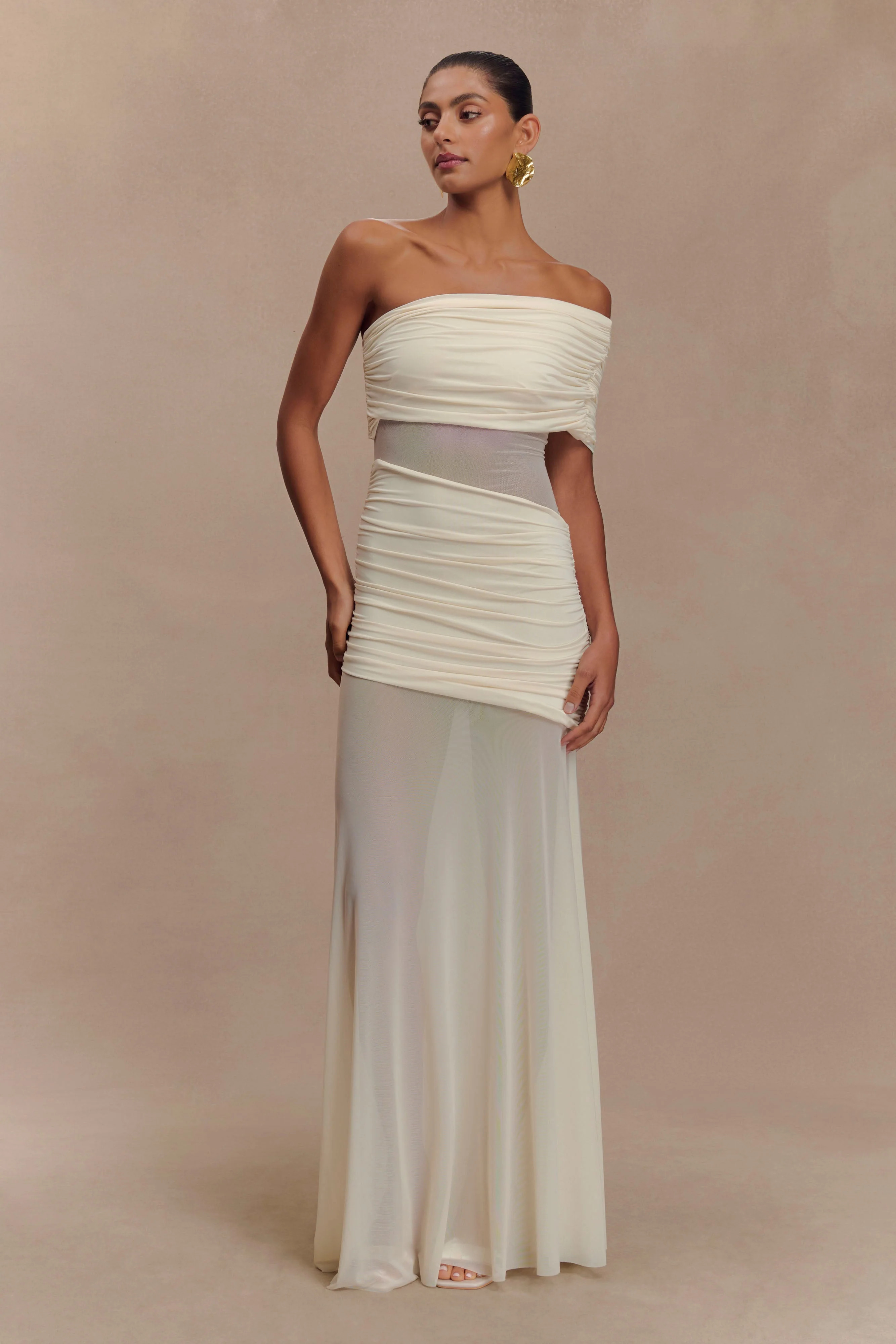 One Shoulder Mesh Maxi Dress - Ivory | MESHKI US