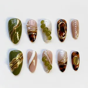 Handmade Luxury Press On Nails | Olive Green Tortoiseshell Gold Nails | Neutral Brown 3D Gemstone... | Etsy (Global)