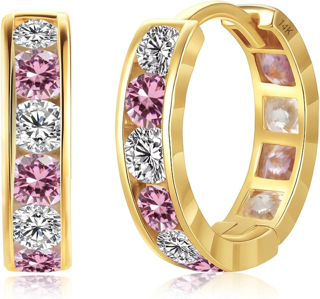 Small Solid 14K Gold Huggie Earrings for Women with White, Pink and Red CZs | Hypoallergenic Cubi... | Amazon (US)