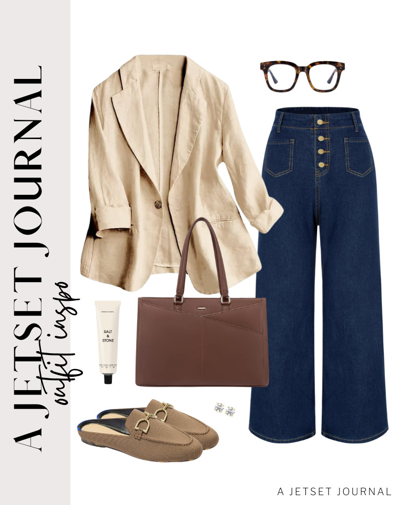 The next outfit idea is a pair of a khaki lightweight linen blazer and flare jeans from Belle Poque. For footwear, opt for Rothy's loafer mules. I also enjoy carrying Salt & Stone Hand Cream with me. It's such a great find! 

 #LTKSeasonal #LTKSaleAlert #LTKTravel