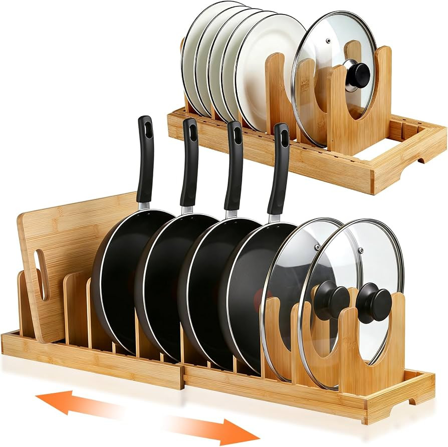 Bamboo Pots and Pans Organizer under Cabinet, Expandable Pot lid Holder Rack and cutting board or... | Amazon (US)
