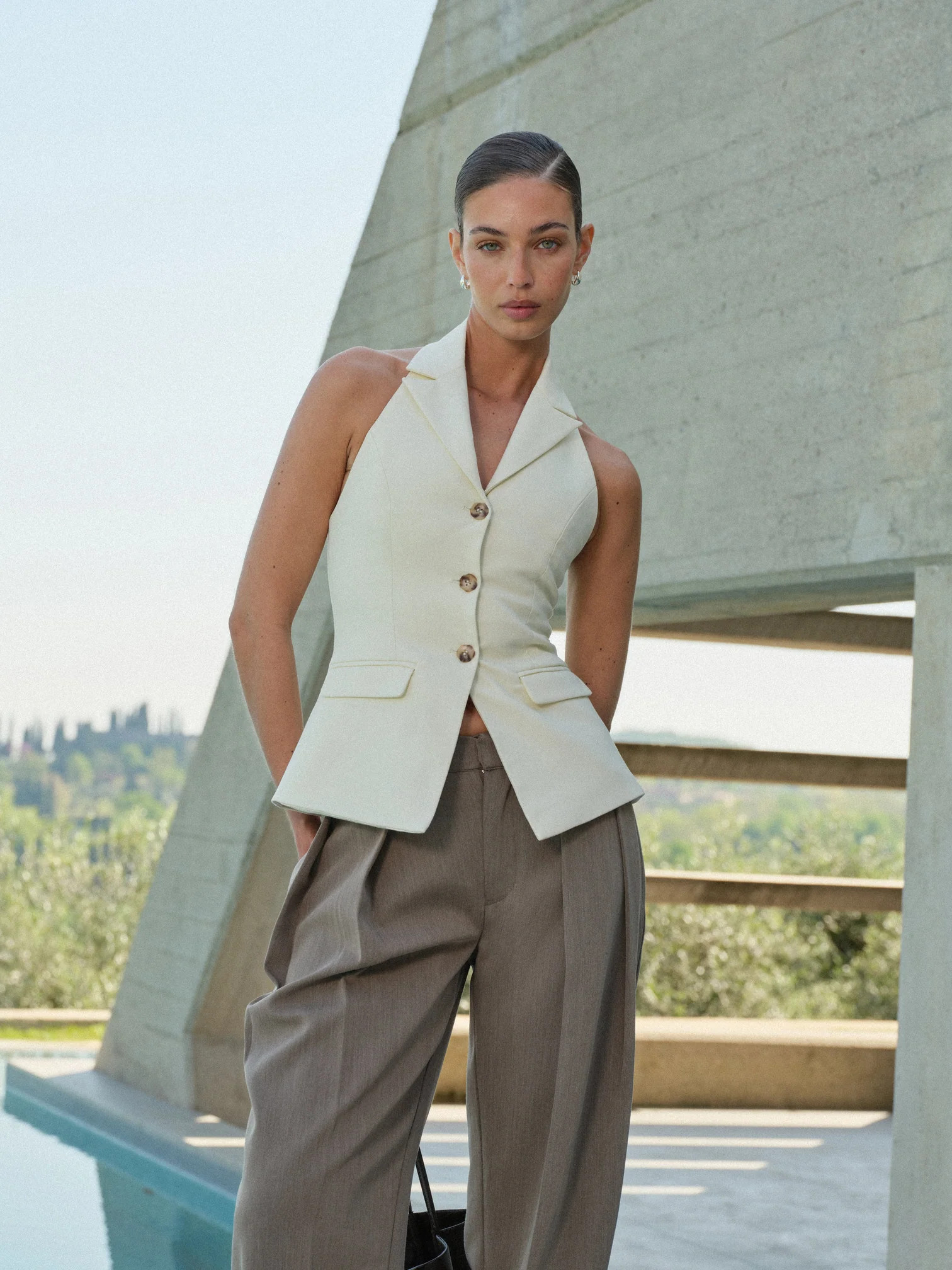 TAILORED HALTERNECK WAISTCOAT - OFF WHITE | The Couture Club