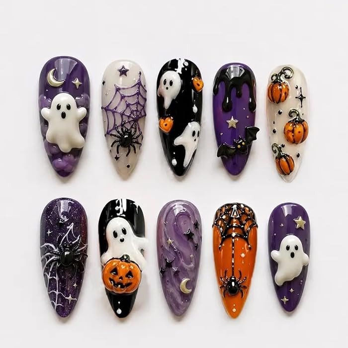 30Pcs Halloween Press on Nails Almond Medium 3D Ghost Fake Nails Horror Bat Pumpkin Spider Web Gl... | Amazon (US)