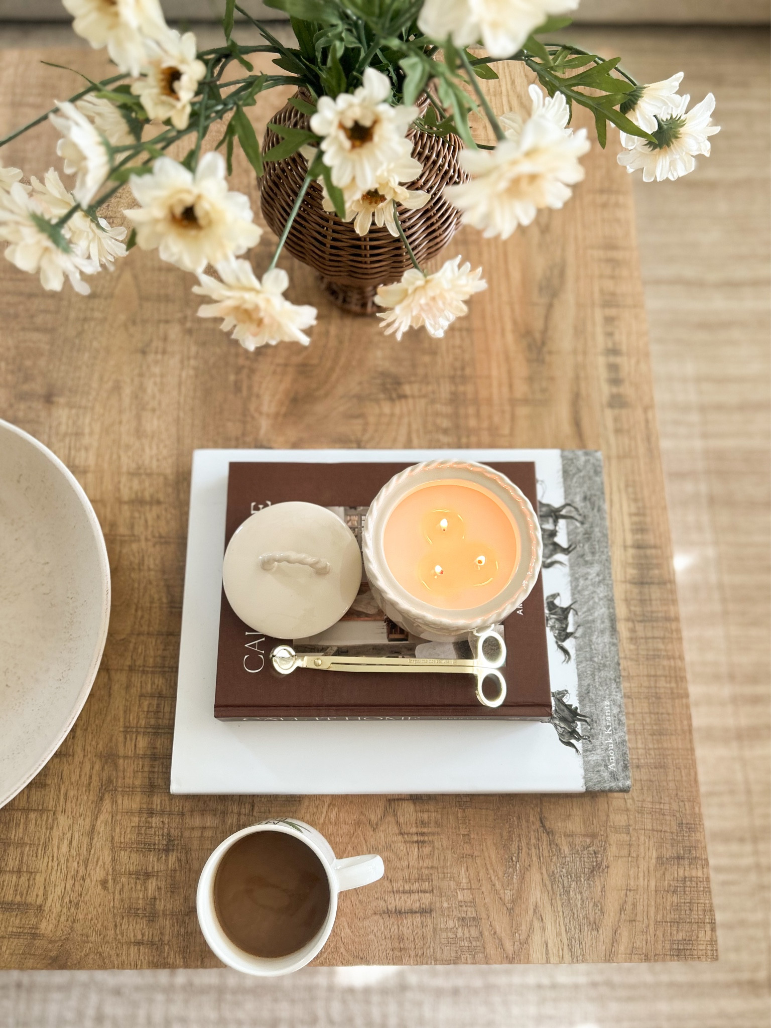 Cozy coffee table views. 🤎☕️🌼

Coffee table books, candle, spring stems, vase 

#LTKHome #LTKStyleTip #LTKFindsUnder100