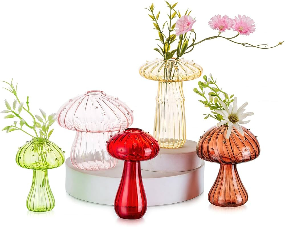 Hewory Glass Mushroom Vase for Flowers, 5pcs Colored Small Bud Flower Vases Unique, Mushroom Prop... | Amazon (US)