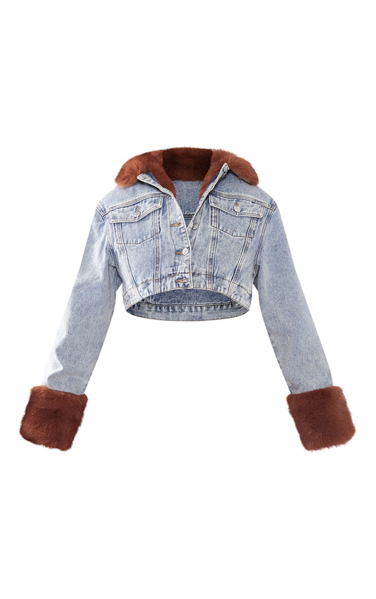 Vintage Wash Faux Fur Lined And Cuff Denim Cropped Jacket | PrettyLittleThing US