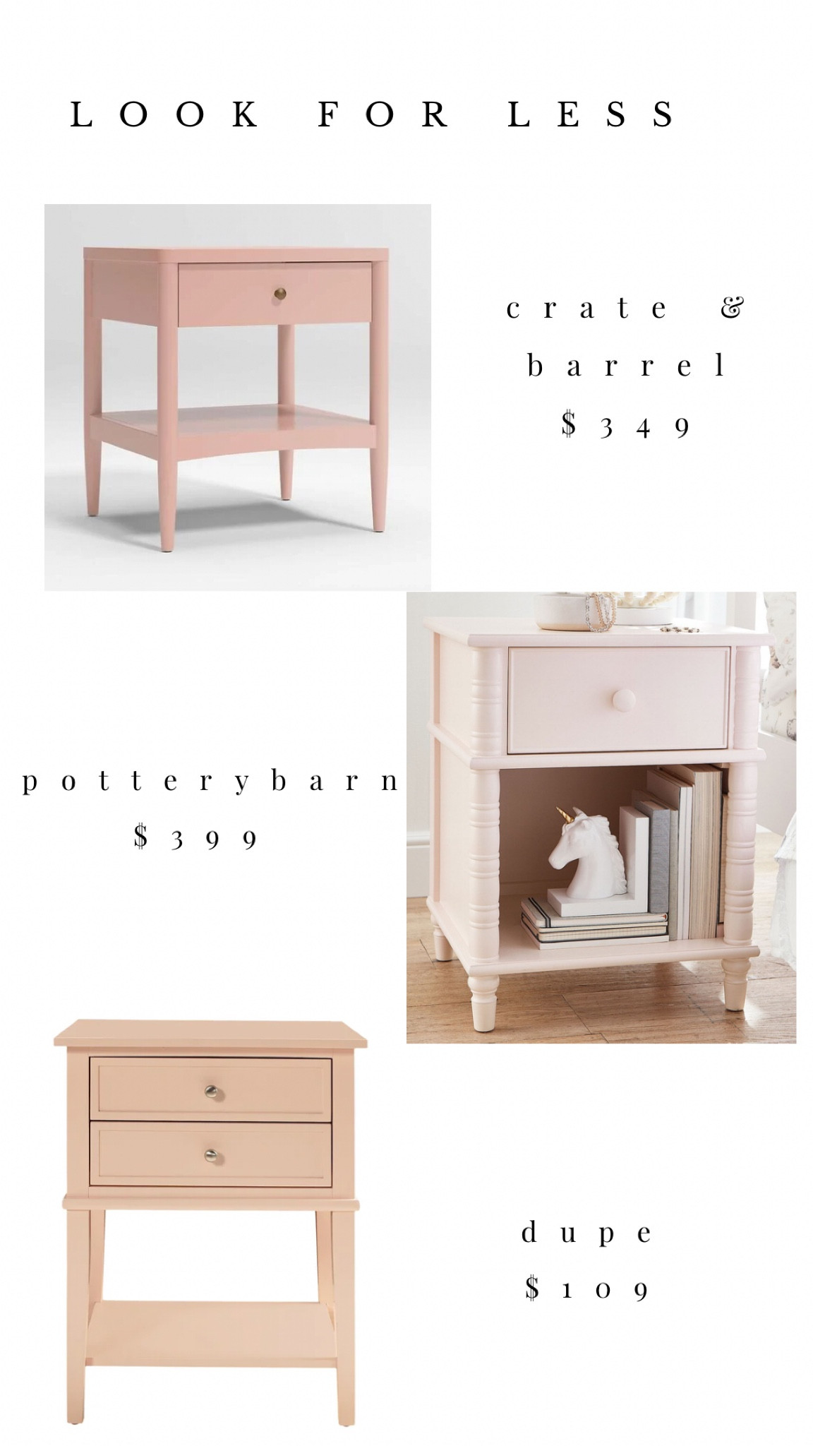 look for less, potterybarn dupe, crate and barrel, girls bedroom, pink nightstand, blush pink accent table 

#LTKunder100 #LTKFind 

#LTKhome