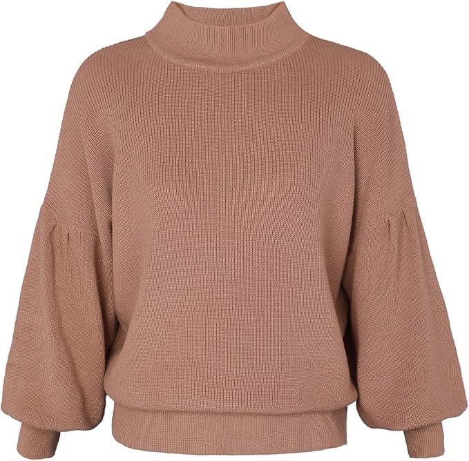 GABERLY Mock Neck Long Puff Sleeve Knitted Oversized Sweaters and Pullovers Blouse for Women | Amazon (US)