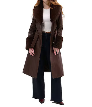 Azalea Wang Kaya Faux Leather Oversize Faux Fur Shawl Collar Belted Snap Front Trench Coat | Dill... | Dillard's