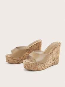 White Soft Premium Leather Open Toe Wide Strap Faux Wood Grain PU Material Platform Wedge Sandals... | SHEIN