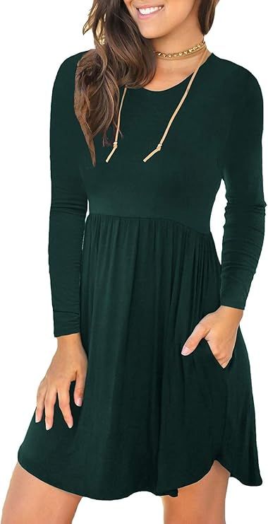 Unbranded* Women's Long Sleeve Loose Plain Dresses Casual Short Dress with Pockets | Amazon (US)