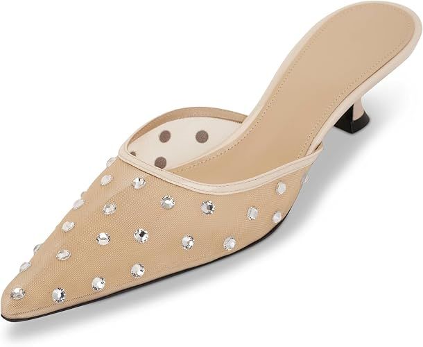 Crystal Embellished Tulle Mules for Women Mesh Rhinestone Kitten Heel Mules Slip On Clear Pointed... | Amazon (US)