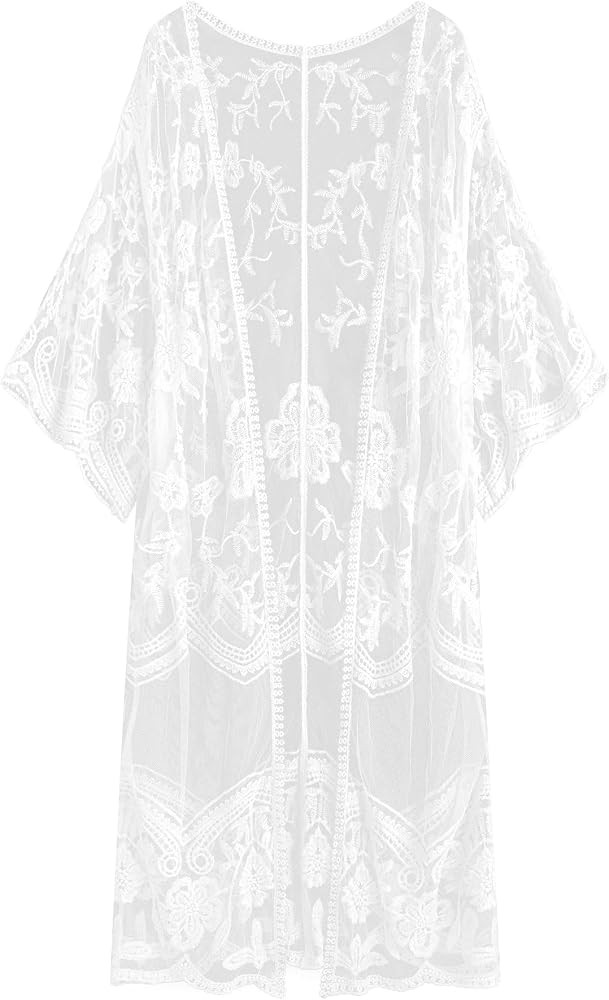 Romanstii Women's Lace Cardigan Floral Crochet Sheer Beach Cover Ups Long Kimono | Amazon (US)