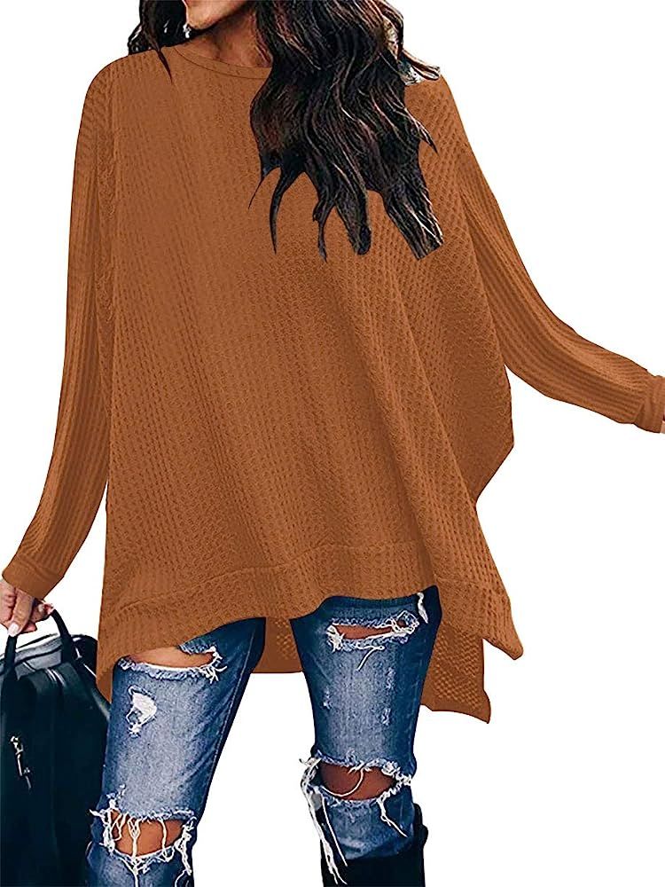 ANRABESS Women Crew Neck Batwing Sleeve High Low Hem Side Slit Waffle Knit Casual Loose Oversized Pu | Amazon (US)