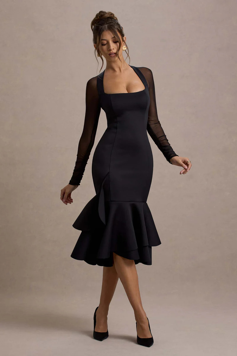 Sander | Black Mesh Long-Sleeve Ruffle-Hem Midi Dress | Club L London