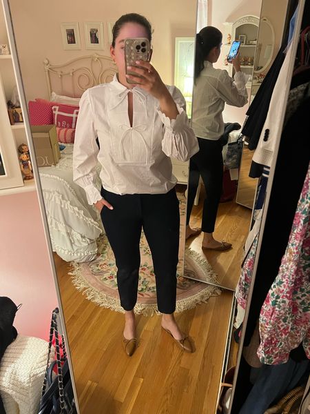 Business casual, fall fashion, white peasant top, navy pants, brown mules, Margaux mules, white ruffle top, jcrew fashion, jcrew style, navy work pants, comfortable work pants, jcrew pants, workwear, fall work style, business casual 

#LTKSeasonal #LTKworkwear #LTKfindsunder100