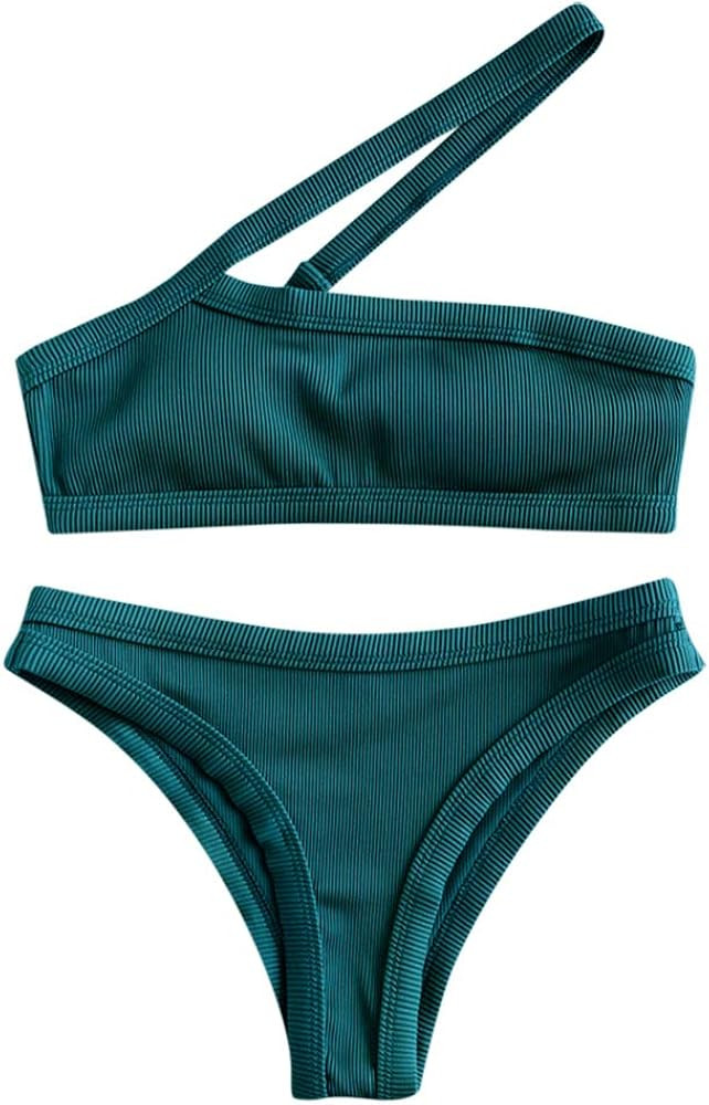 Amazon.com: ZAFUL Women's One Shoulder Cut Out Ribbed Bandeau Bikini Set Two Piece Swimsuit (P-Bl... | Amazon (US)