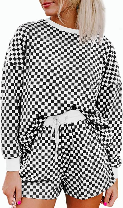 Tankaneo Womens 2 Piece Outfits Oversized Long Sleeve Checkered Plaid Tops Elastic Waist Shorts 2... | Amazon (US)
