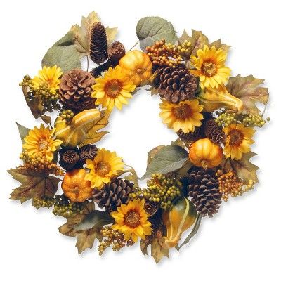 National Tree Company Wreath with Pumpkins and Sunflowers Orange (22") | Target