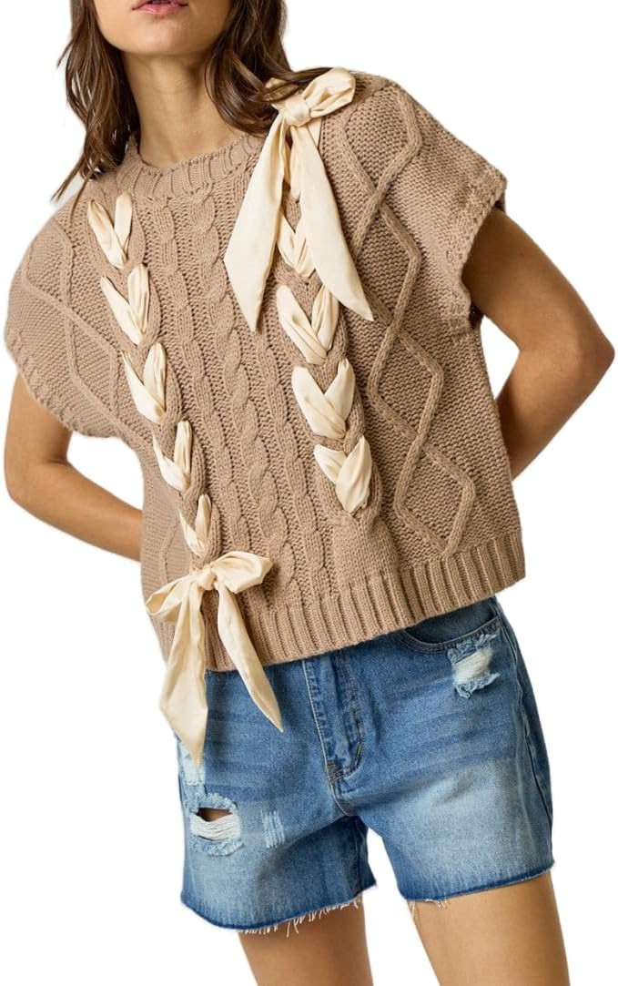 Women Sleeveless Lace Up Ribbon Sweater Mock Neck Cap Sleeve Knit Vest Cute Bow Crochet Pullover ... | Amazon (US)