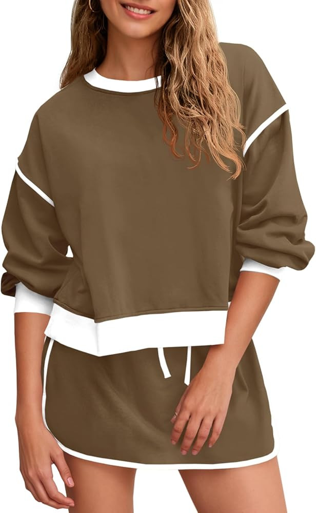 Fisoew Womens Sweatsuits 2 Piece Set Crewneck Sweatshirts High Waisted Skort Skirts Tennis Runnin... | Amazon (US)