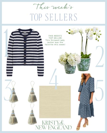 This week’s top sellers: Striped navy & white woven lady jacket, green floral planters, blue green decor tassels, society social peel & stick wallpaper, this gorgeous navy and blue ric rac dress 

#LTKsalealert #LTKhome #LTKover40