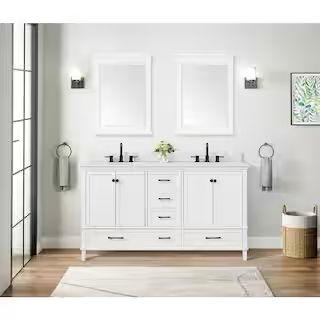 Merryfield 61 in. W x 22 in. D x 35 in. H Freestanding Bath Vanity in White with Carrara White Ma... | The Home Depot