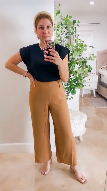 Wide leg pants and boxy shoulder top from Amazon. Both available in several colors.

Wearing:
Top: small
Pants: small