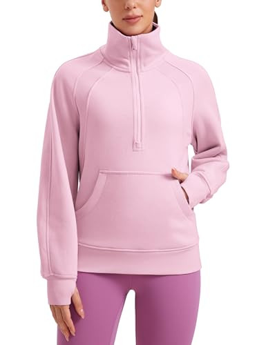 CRZ YOGA Womens Fleece Lined Sweatshirts Half Zip Funnel Neck Pullover Long Sleeve Hip Oversized Hoodies with Thumb Holes Pink Peony X-Small | Amazon (US)