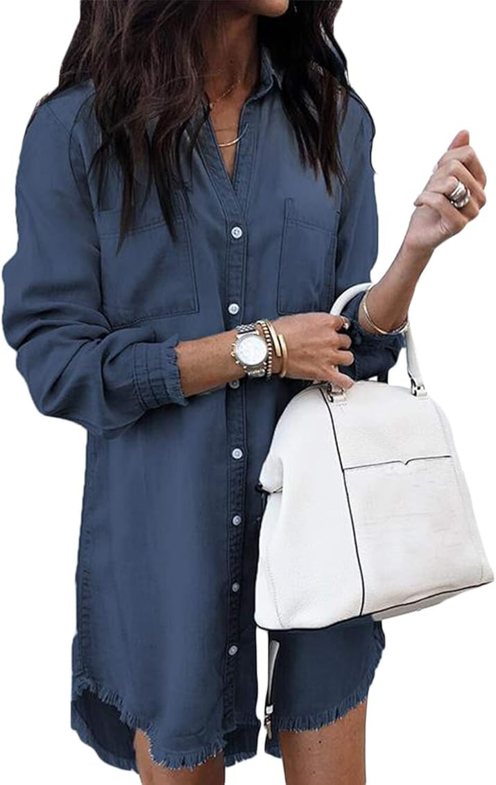 Women Denim Shirt Dresses Long Sleeve Distressed Jean Dress Button Down Casual Tunic Top | Amazon (US)