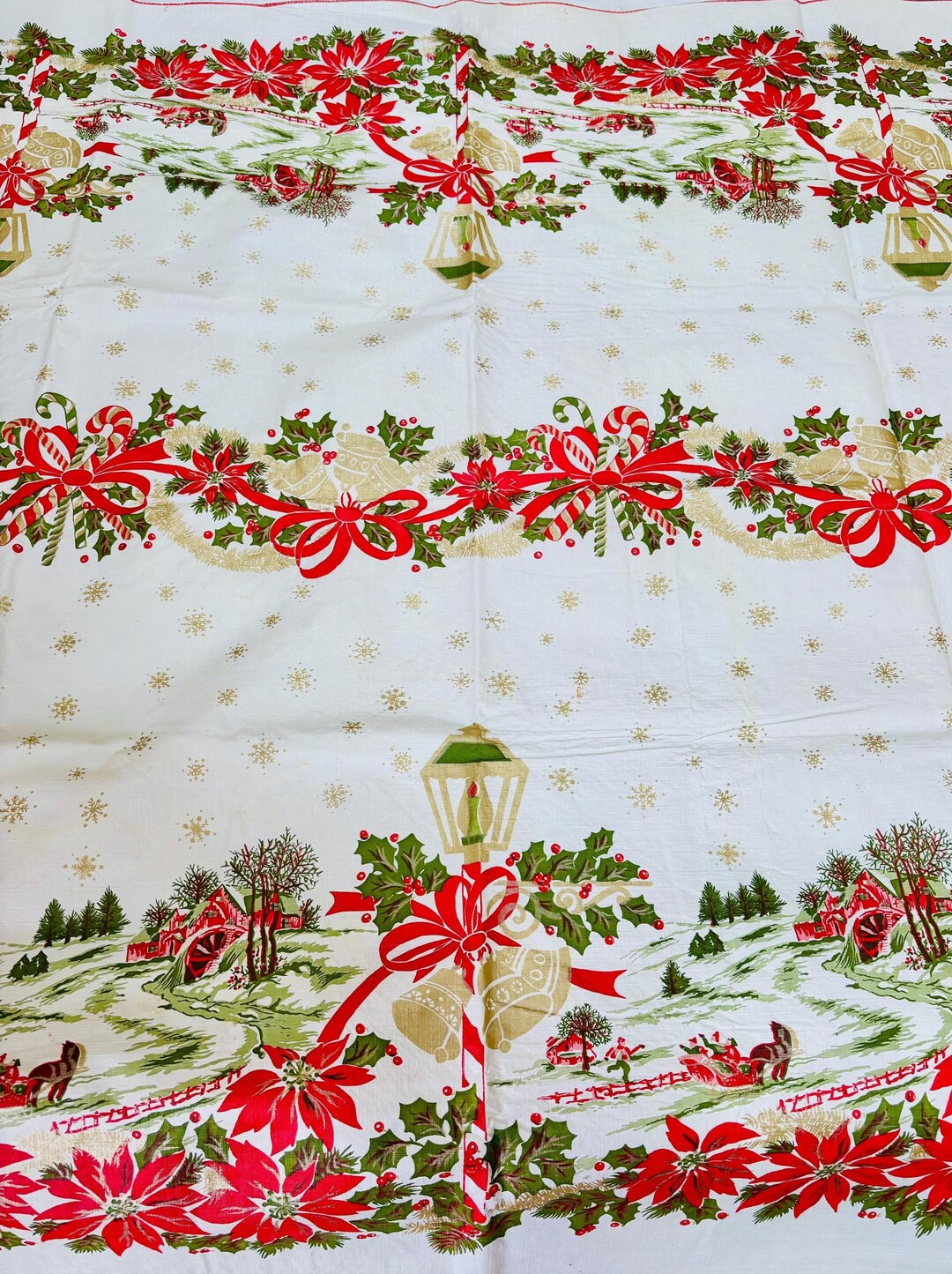 Vintage 1960s Christmas Vinyl/Flannel Back Rectangular Tablecloth with Poinsettias and Winter Sle... | Etsy (US)