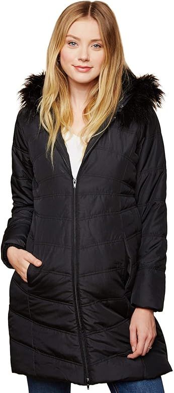 Women's Maternity Quilted Puffer Coat with Attached Hood and Faux Fur Trim | Amazon (US)